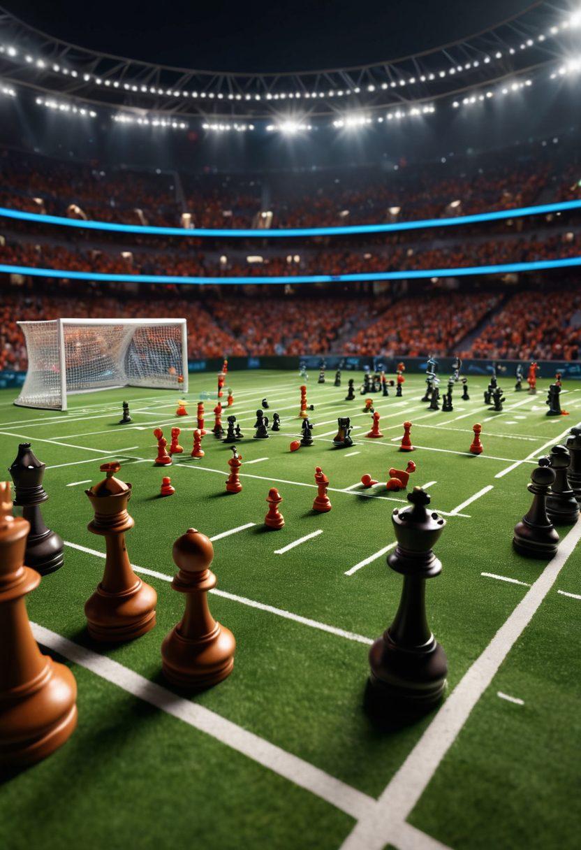 A strategic football field layout featuring chess pieces instead of players, symbolizing the tactical approach in football. Include football icons like a whistle, a strategy board, and glowing goalposts in the background. Dynamic motion lines convey excitement, with fans cheering in the stands. Use a bold and energetic color palette. super-realistic. vibrant colors. 3D.