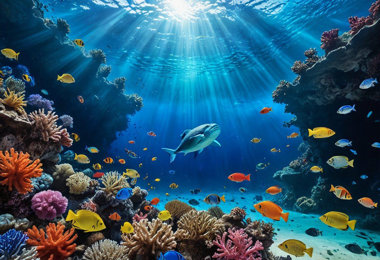 A captivating underwater scene featuring a football submerged in vibrant blue ocean waters, surrounded by diverse marine life such as fish and corals. Above the water's surface, an ethereal stadium glows, with passionate fans in the stands dressed in team jerseys. The title text "Dive Deep into the Pitch" elegantly floats at the water's surface, inviting true football aficionados to discover expert opinions and reviews. super-realistic. vibrant colors. 3D.