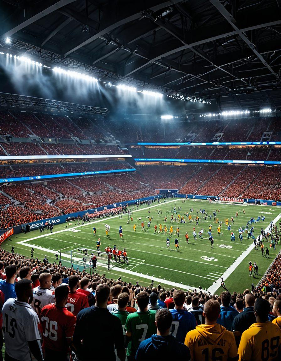 A dynamic scene of a football stadium filled with enthusiastic fans, vividly capturing the excitement of a game day. Include players in action on the field, with a vibrant scoreboard displaying the current match stats. Feature elements like a football, sports commentary booth, and colorful banners showing team spirit. Capture a sense of knowledge with a book overlay featuring diagrams of football strategies. super-realistic. vibrant colors. action-packed.